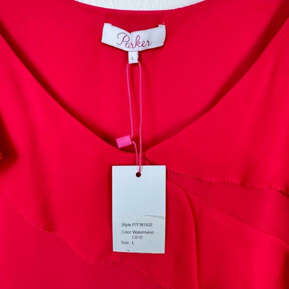 Parker NWT Athens 100% Silk Watermelon Pink Tiered Ruffle Mini Cocktail Dress - Picture 9 of 11